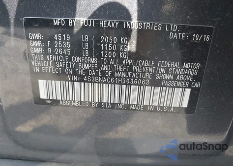 2017 Subaru Legacy 2.5I Premium from USA, damaged, VIN 4S3BNAC61H3036063